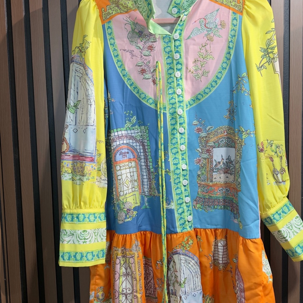 Colorful‎ Women's Dress with Yellow and Orange Accents Sz S - Picture 4 of 15